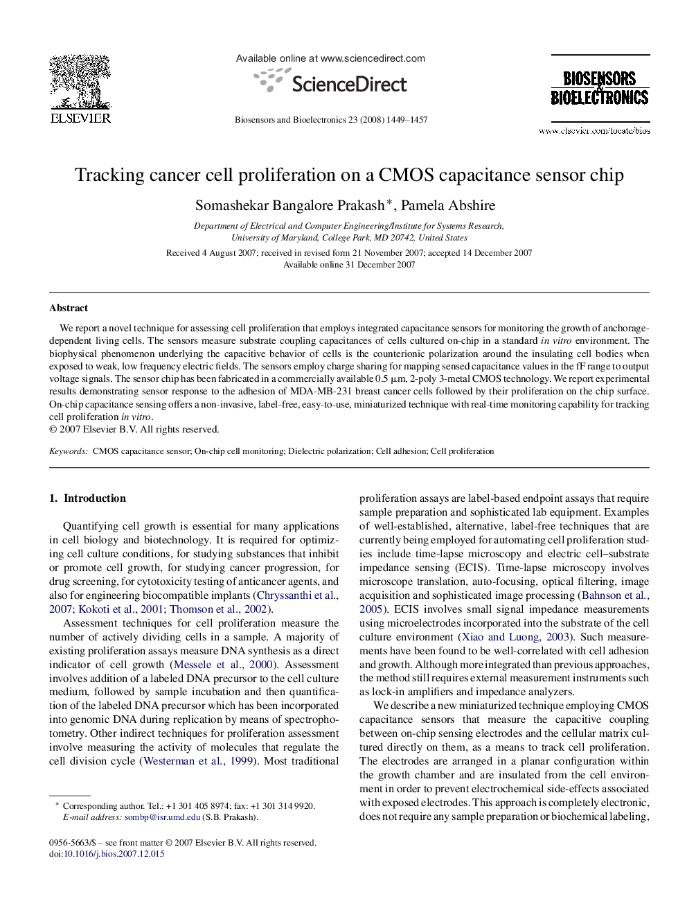 Tracking cancer cell proliferation on a CMOS capacitance sensor chip