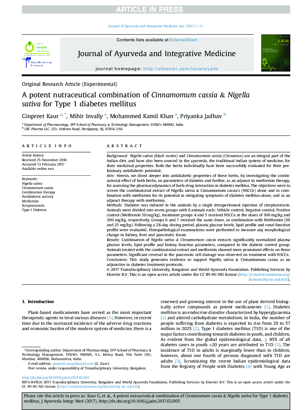 A nutraceutical combination of Cinnamomum cassia & Nigella sativa for Type 1 diabetes mellitus