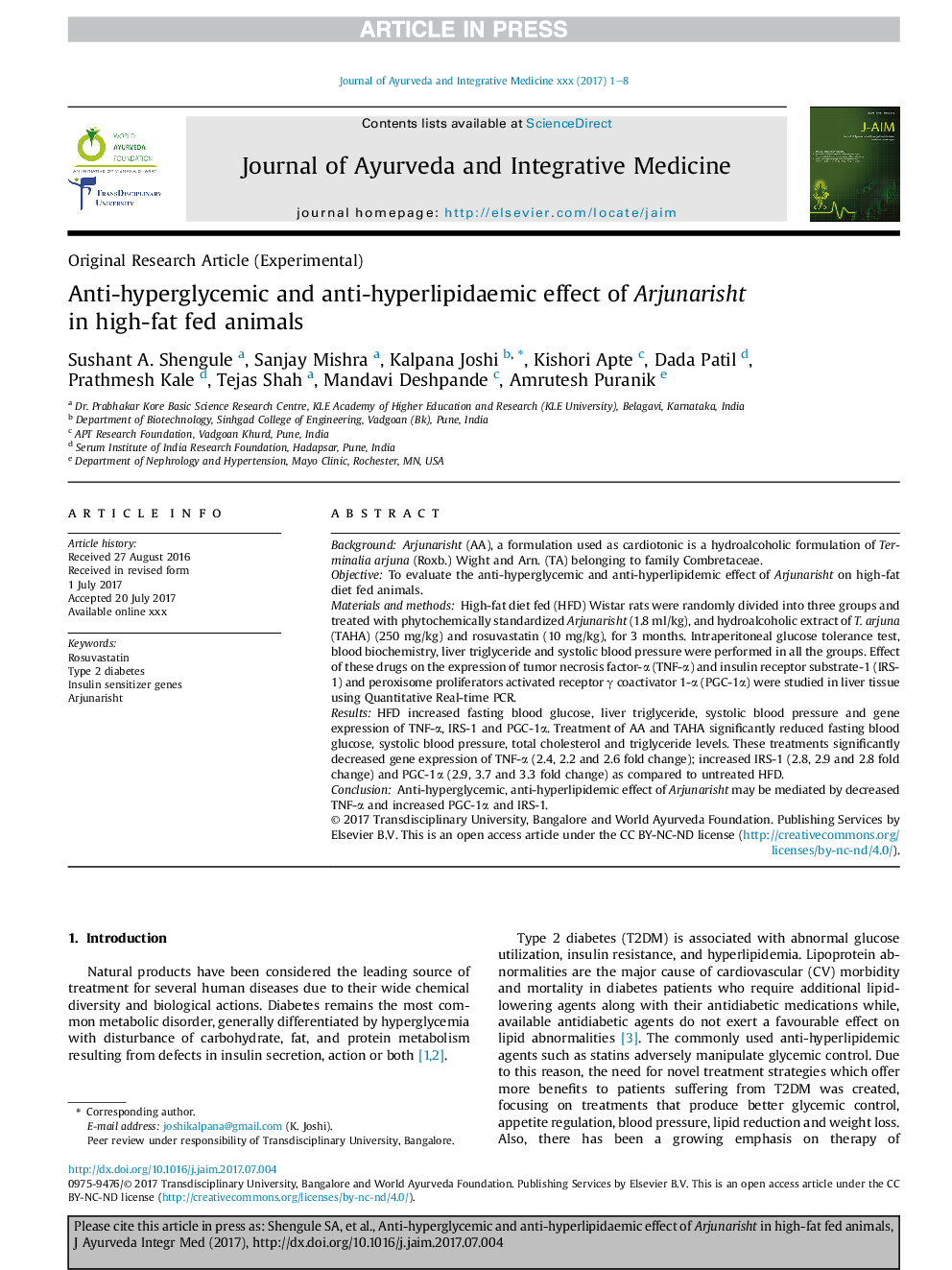 Anti-hyperglycemic and anti-hyperlipidaemic effect of Arjunarishta in high-fat fed animals