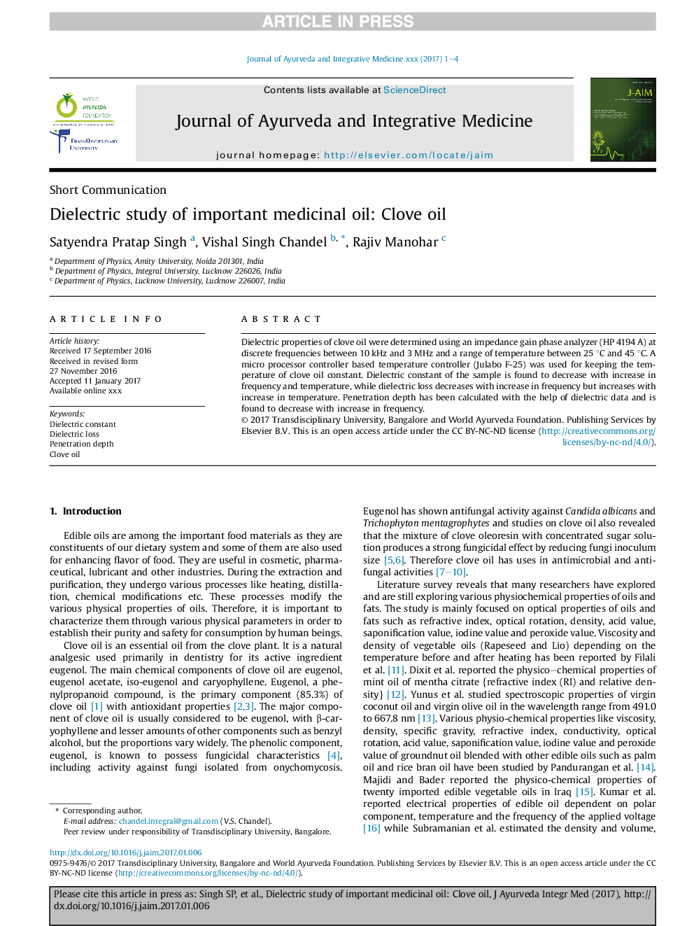 Dielectric study of Clove oil