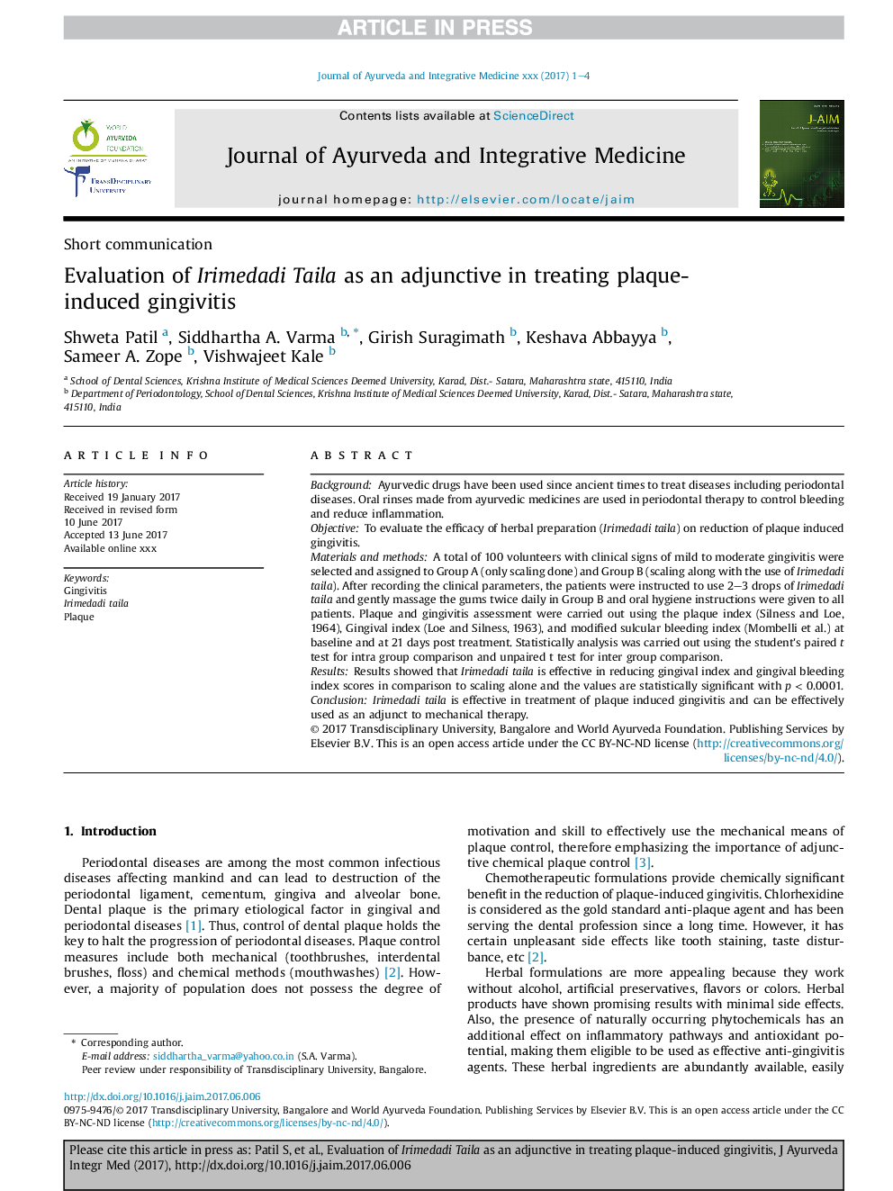 Evaluation of Irimedadi Taila as an adjunctive in treating plaque-induced gingivitis