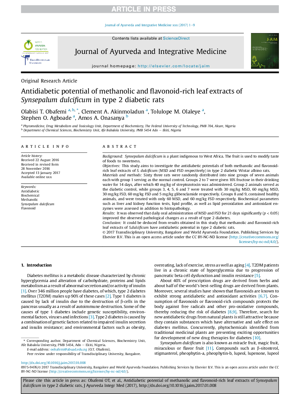 Antidiabetic potential of methanolic and flavonoid-rich leaf extracts of Synsepalum dulcificum in type 2 diabetic rats