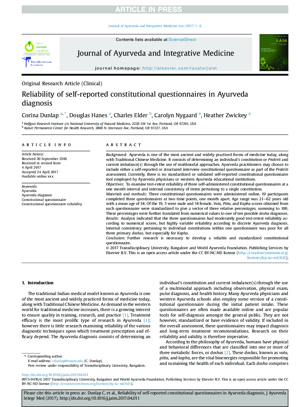 Reliability of self-reported constitutional questionnaires in Ayurveda diagnosis