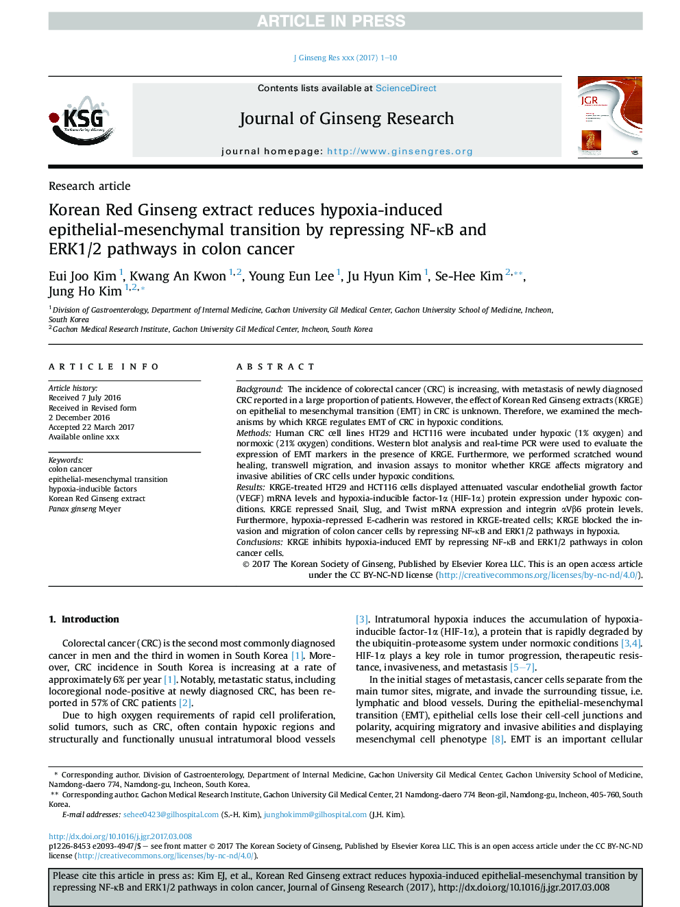 Korean Red Ginseng extract reduces hypoxia-induced epithelial-mesenchymal transition by repressing NF-ÎºB and ERK1/2 pathways in colon cancer