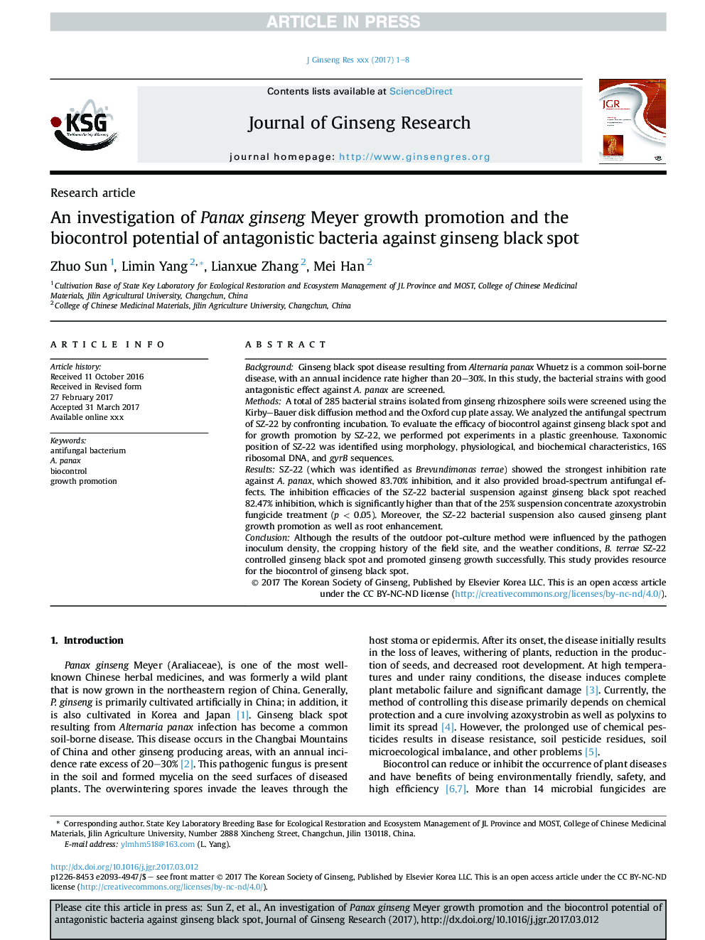 An investigation of Panax ginseng Meyer growth promotion and the biocontrol potential of antagonistic bacteria against ginseng black spot