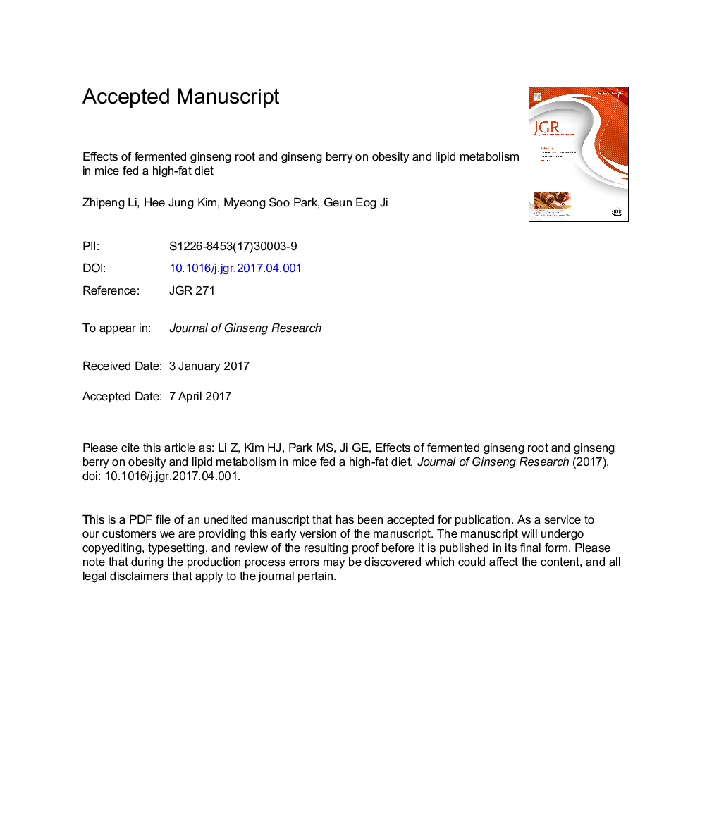 Effects of fermented ginseng root and ginseng berry on obesity and lipid metabolism in mice fed a high-fat diet