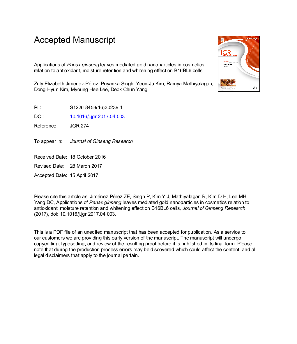 Applications of Panax ginseng leaves-mediated gold nanoparticles in cosmetics relation to antioxidant, moisture retention, and whitening effect on B16BL6 cells