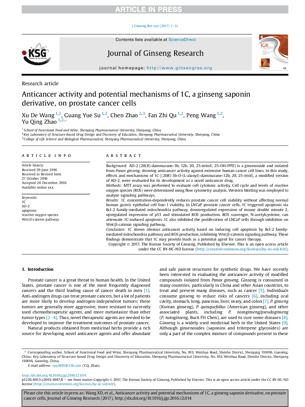 Anticancer activity and potential mechanisms of 1C, a ginseng saponin derivative, on prostate cancer cells