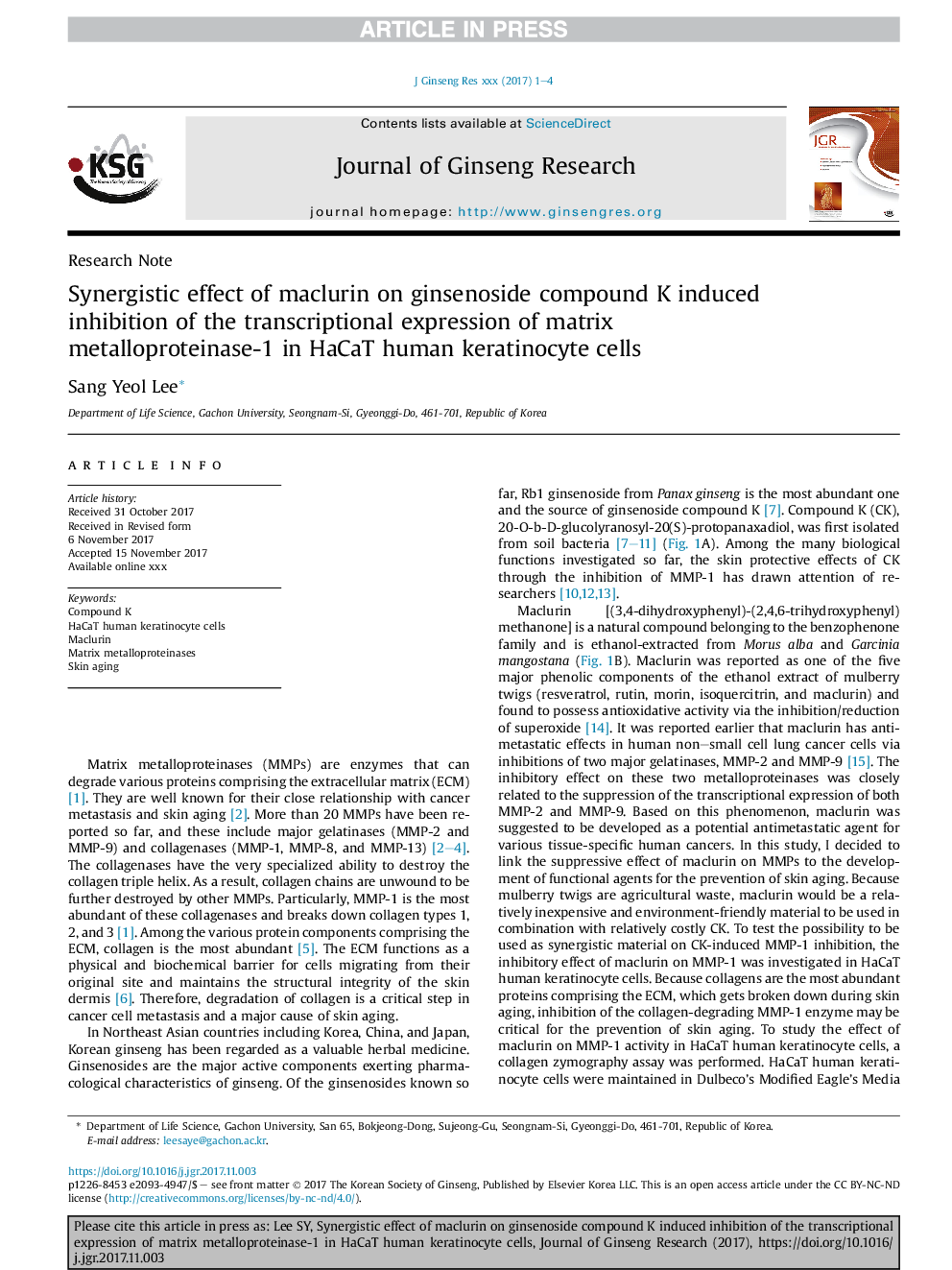 Synergistic effect of maclurin on ginsenoside compound K induced inhibition of the transcriptional expression of matrix metalloproteinase-1 in HaCaT human keratinocyte cells