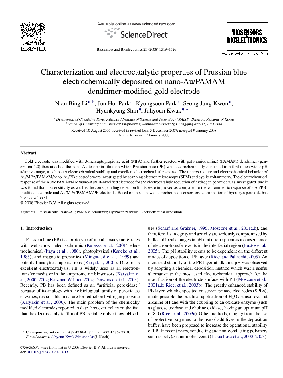 Characterization and electrocatalytic properties of Prussian blue electrochemically deposited on nano-Au/PAMAM dendrimer-modified gold electrode