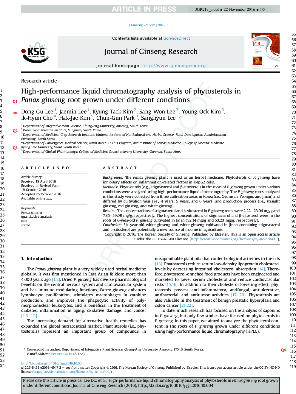 High-performance liquid chromatography analysis of phytosterols in Panax ginseng root grown under different conditions