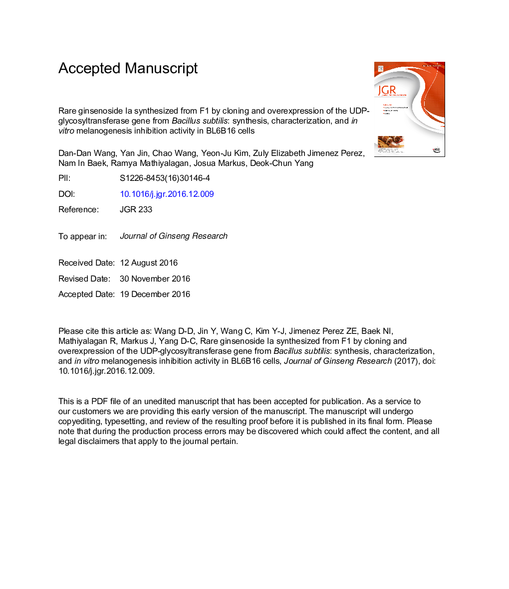 Rare ginsenoside Ia synthesized from F1 by cloning and overexpression of the UDP-glycosyltransferase gene from BacillusÂ subtilis: synthesis, characterization, and inÂ vitro melanogenesisÂ inhibition activity in BL6B16 cells