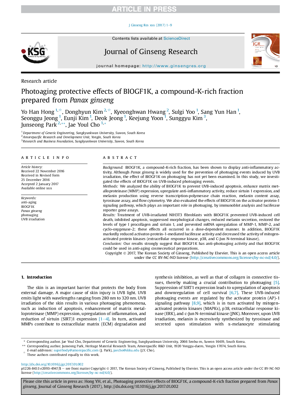 Photoaging protective effects of BIOGF1K, a compound-K-rich fraction prepared from Panax ginseng