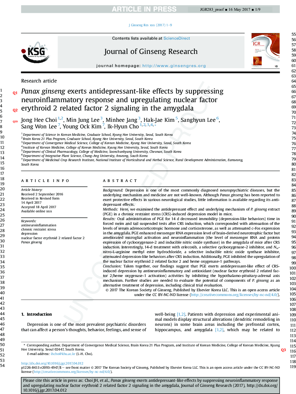 Panax ginseng exerts antidepressant-like effects by suppressing neuroinflammatory response and upregulating nuclear factor erythroid 2 related factor 2 signaling in the amygdala