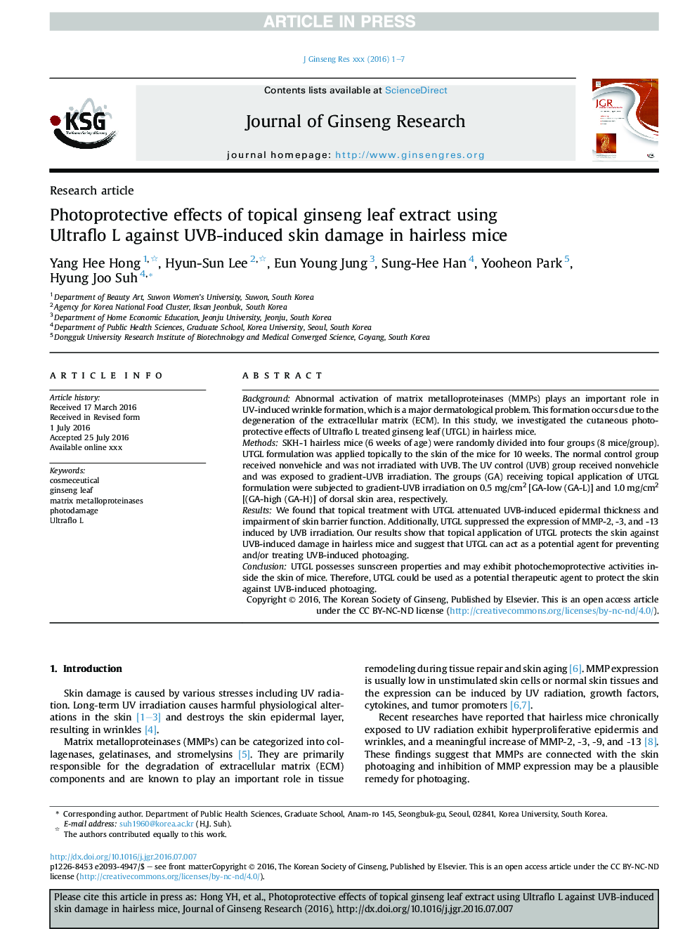 Photoprotective effects of topical ginseng leaf extract using Ultraflo L against UVB-induced skin damage in hairless mice