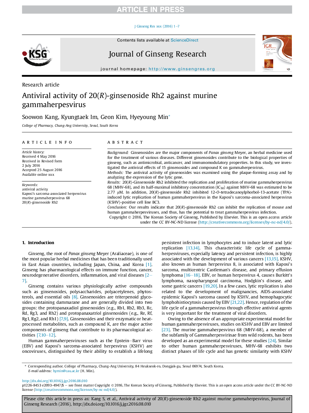 Antiviral activity of 20(R)-ginsenoside Rh2 against murine gammaherpesvirus