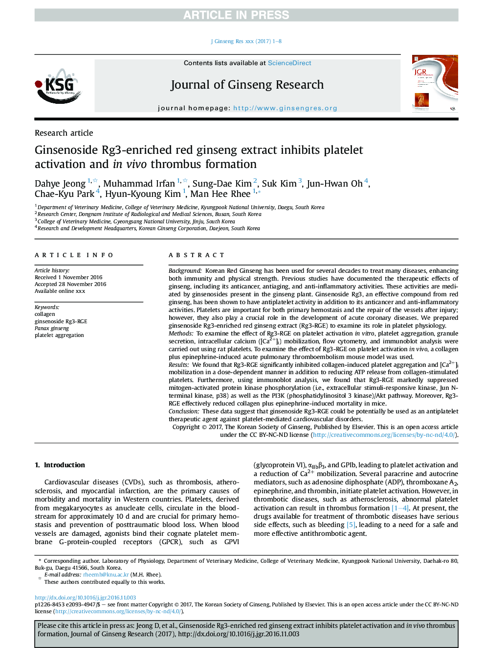 Ginsenoside Rg3-enriched red ginseng extract inhibits platelet activation and inÂ vivo thrombus formation