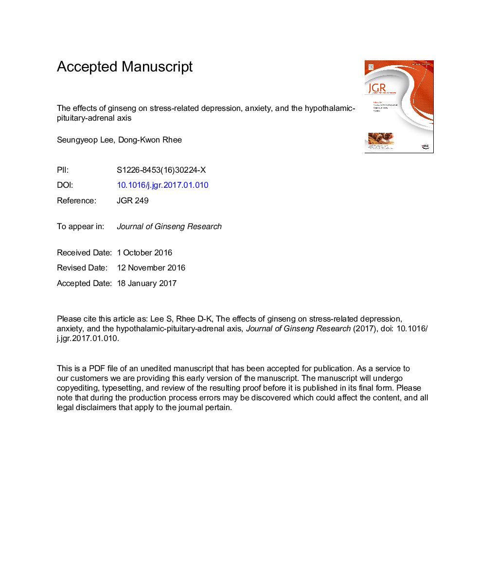 Effects of ginseng on stress-related depression, anxiety, and the hypothalamic-pituitary-adrenal axis