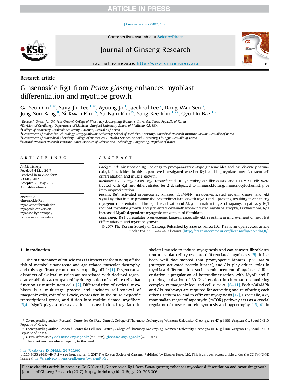 Ginsenoside Rg1 from Panax ginseng enhances myoblast differentiation and myotube growth