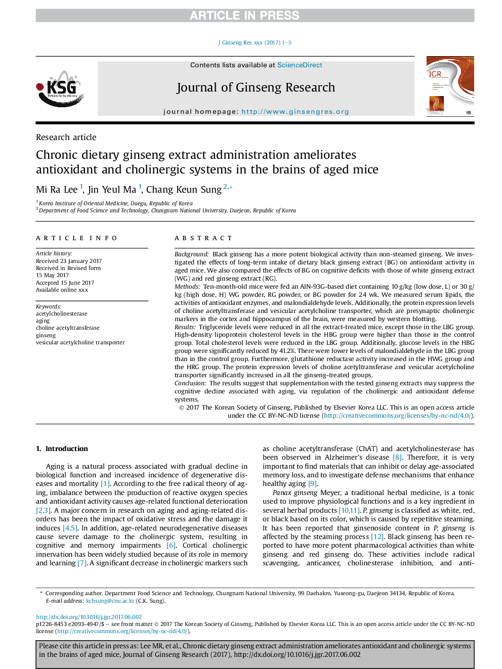 Chronic dietary ginseng extract administration ameliorates antioxidant and cholinergic systems in the brains of aged mice