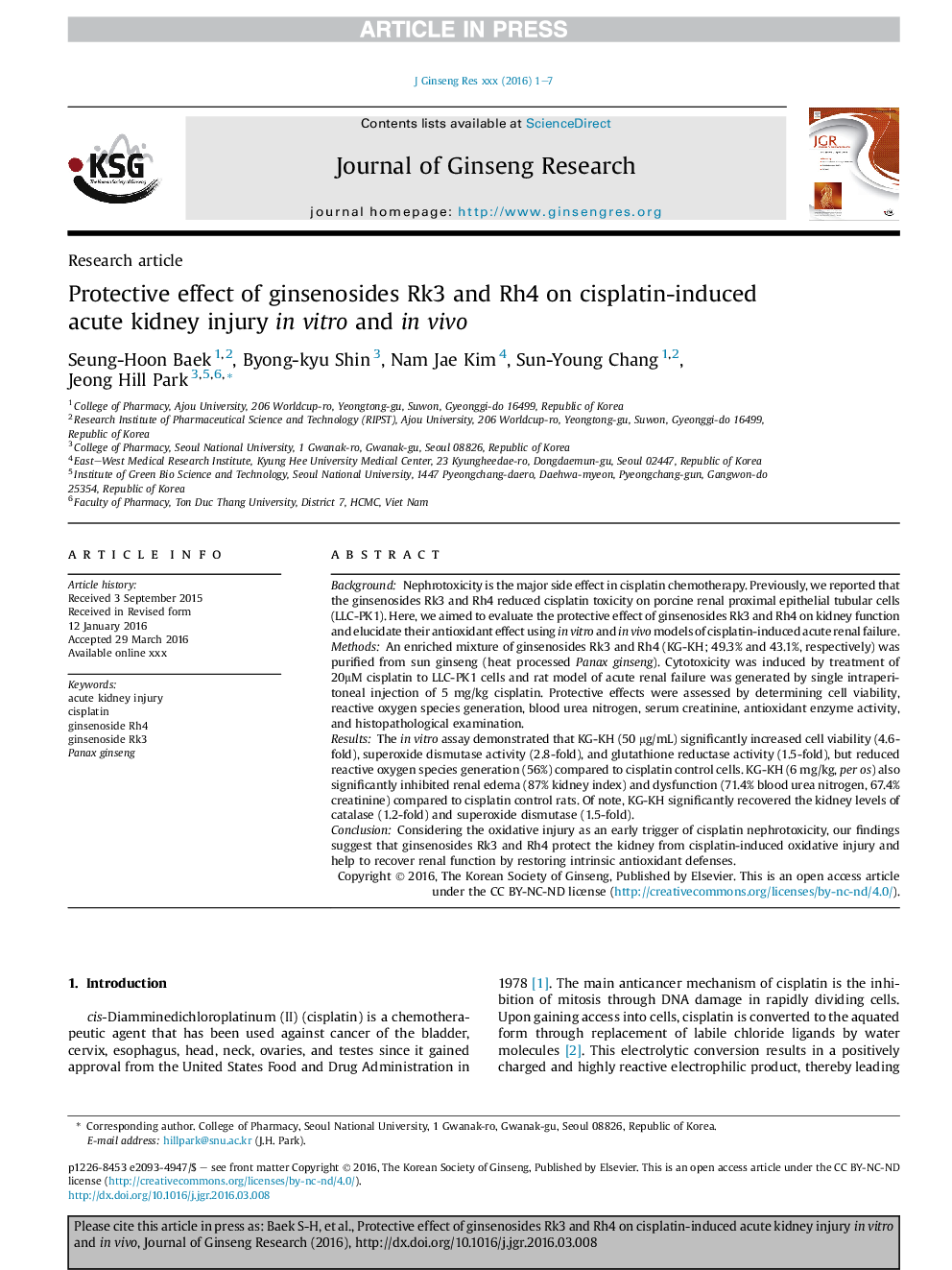 Protective effect of ginsenosides Rk3 and Rh4 on cisplatin-induced acute kidney injury inÂ vitro and inÂ vivo