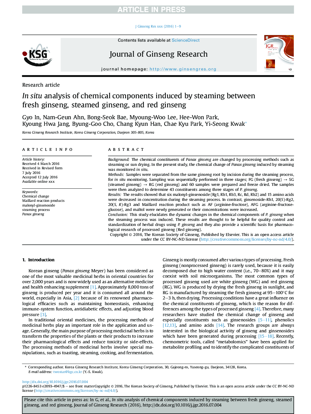 In situ analysis of chemical components induced by steaming between fresh ginseng, steamed ginseng, and red ginseng