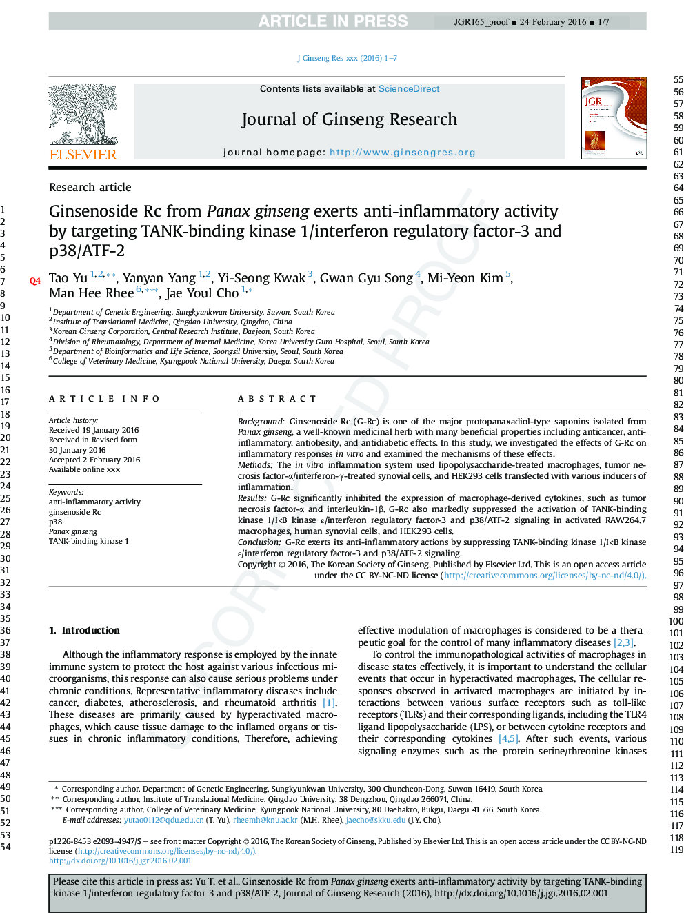 Ginsenoside Rc from Panax ginseng exerts anti-inflammatory activity by targeting TANK-binding kinase 1/interferon regulatory factor-3 and p38/ATF-2