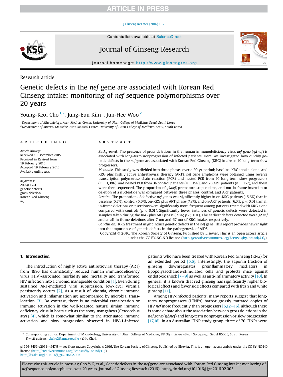 Genetic defects in the nef gene are associated with Korean Red Ginseng intake: monitoring of nef sequence polymorphisms over 20Â years