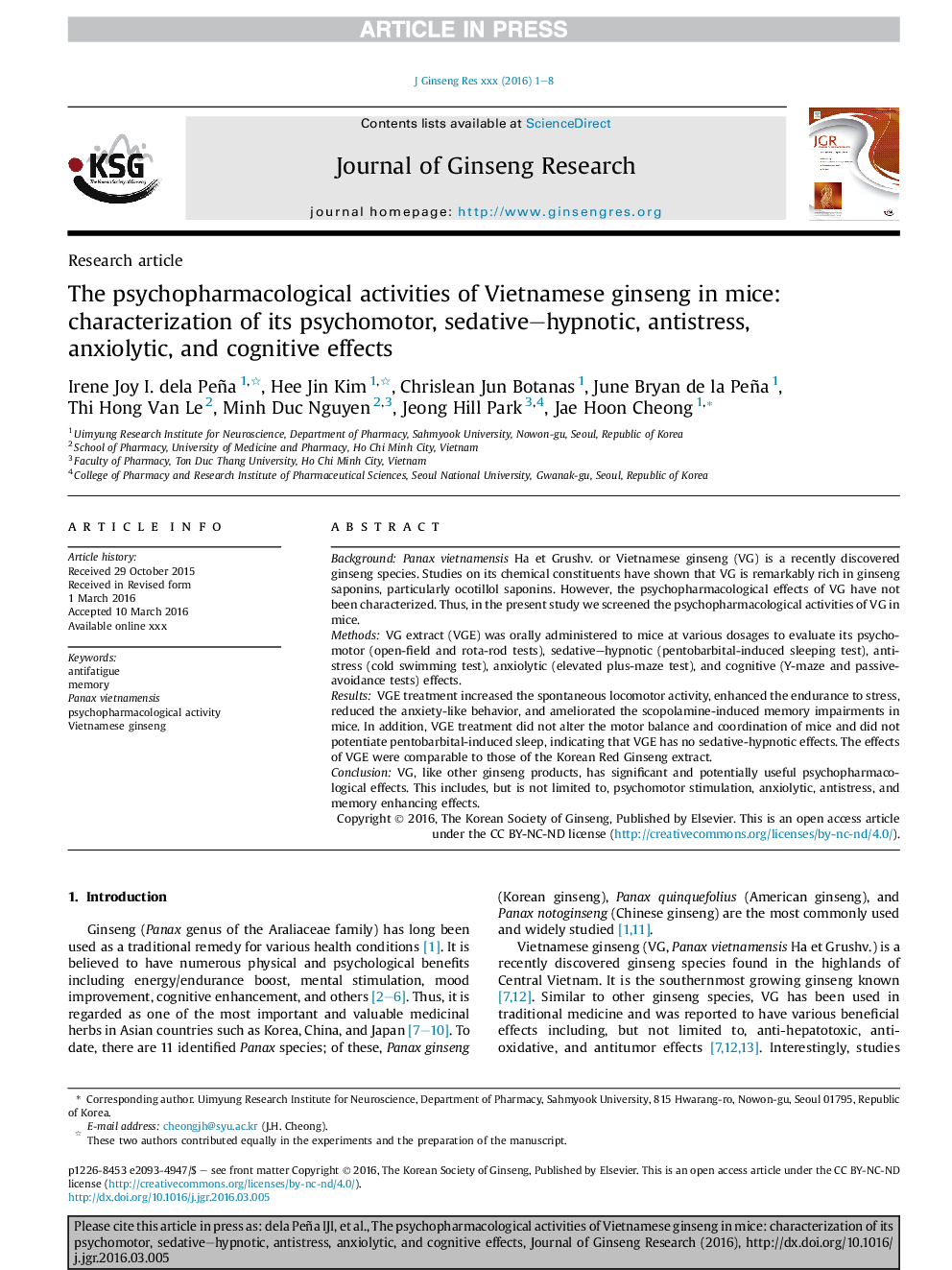 The psychopharmacological activities of Vietnamese ginseng in mice: characterization of its psychomotor, sedative-hypnotic, antistress, anxiolytic, and cognitive effects