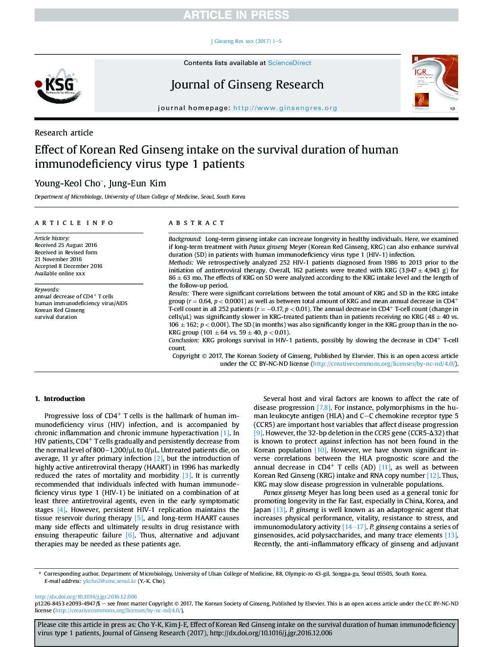 Effect of Korean Red Ginseng intake on the survival duration of human immunodeficiency virus type 1 patients