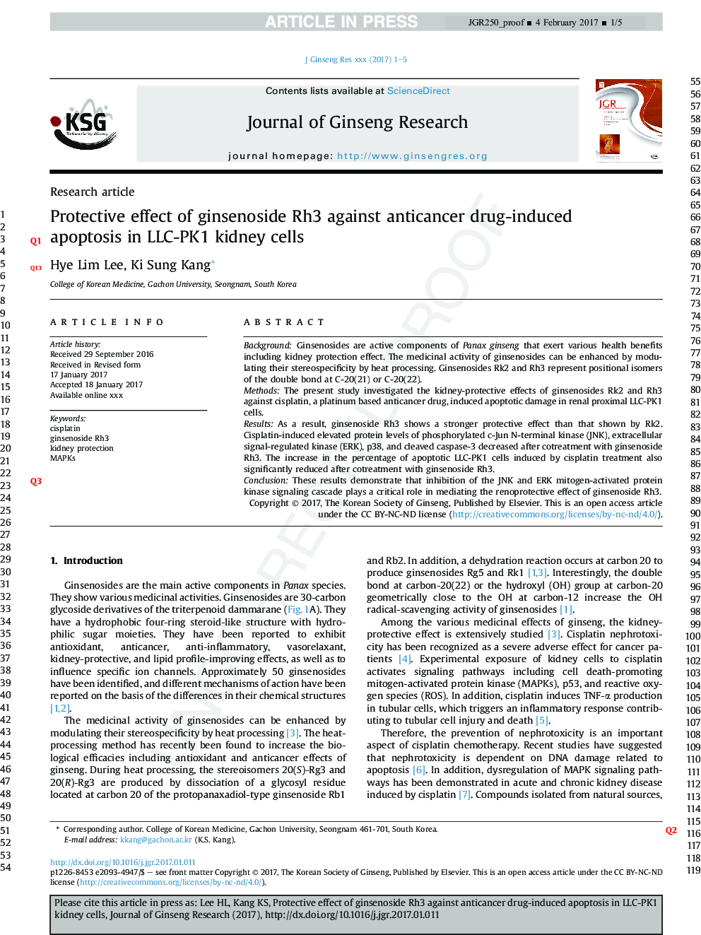 Protective effect of ginsenoside Rh3 against anticancer drug-induced apoptosis in LLC-PK1 kidney cells