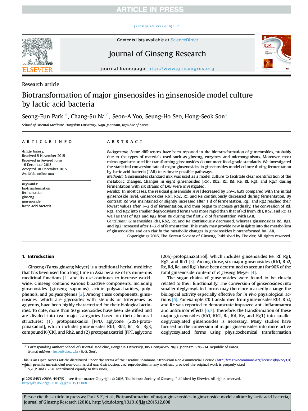 Biotransformation of major ginsenosides in ginsenoside model culture by lactic acid bacteria