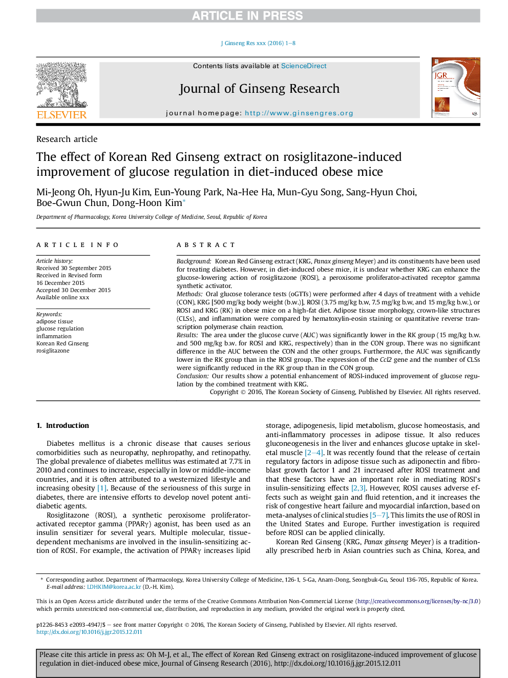 The effect of Korean Red Ginseng extract on rosiglitazone-induced improvement of glucose regulation in diet-induced obese mice