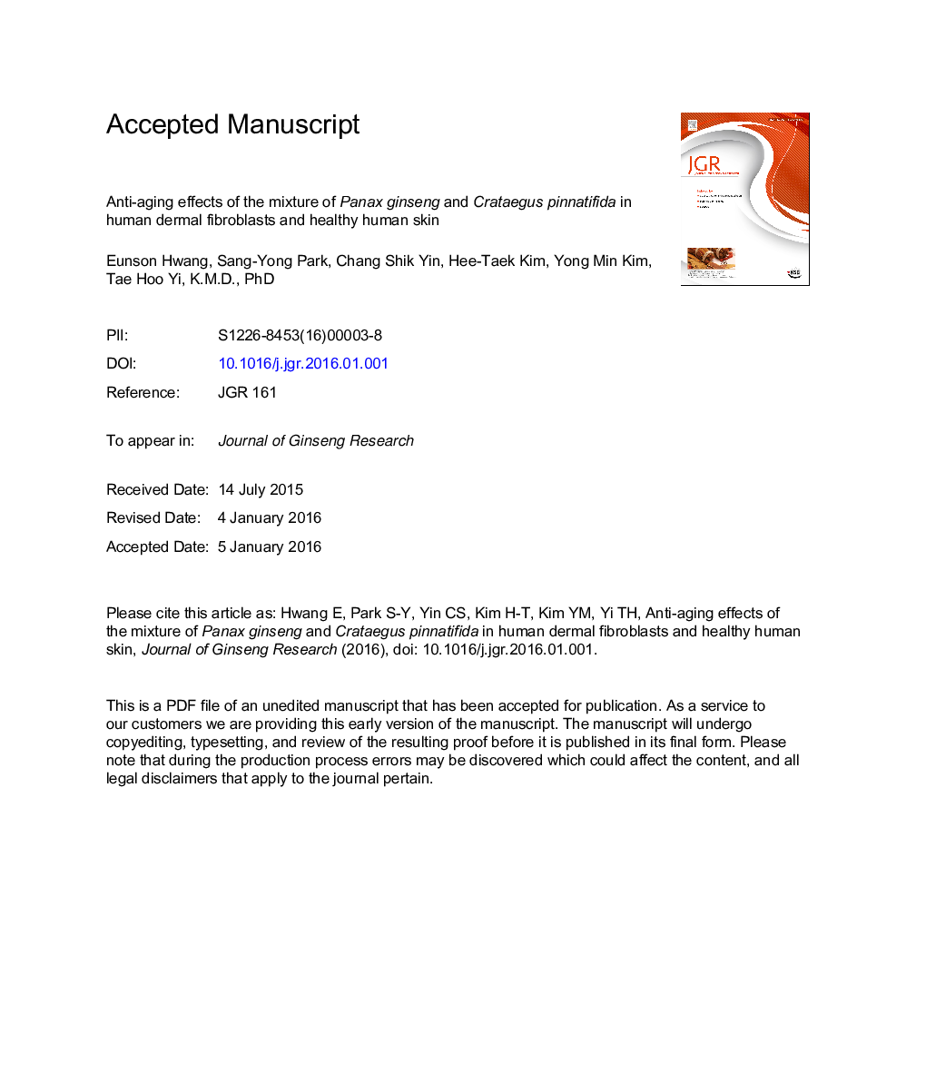 Antiaging effects of the mixture of Panax ginseng and Crataegus pinnatifida in human dermal fibroblasts and healthy human skin