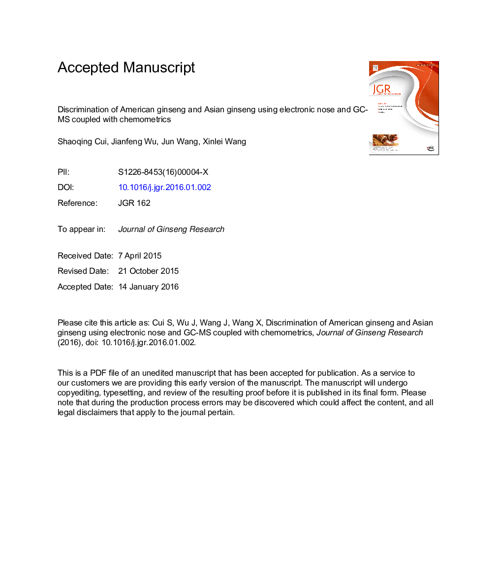 Discrimination of American ginseng and Asian ginseng using electronic nose and gas chromatography-mass spectrometry coupled with chemometrics