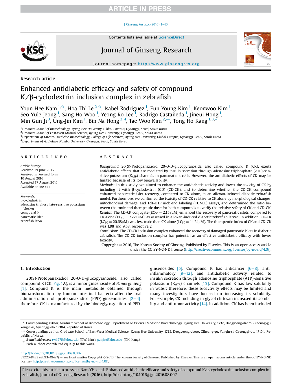 Enhanced antidiabetic efficacy and safety of compound KâÎ²-cyclodextrin inclusion complex in zebrafish