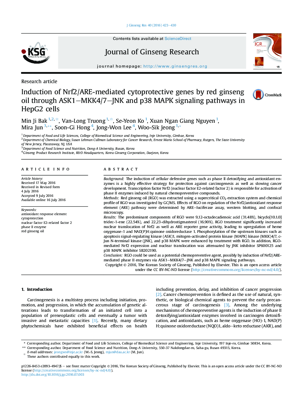 Induction of Nrf2/ARE-mediated cytoprotective genes by red ginseng oil through ASK1-MKK4/7-JNK and p38 MAPK signaling pathways in HepG2 cells