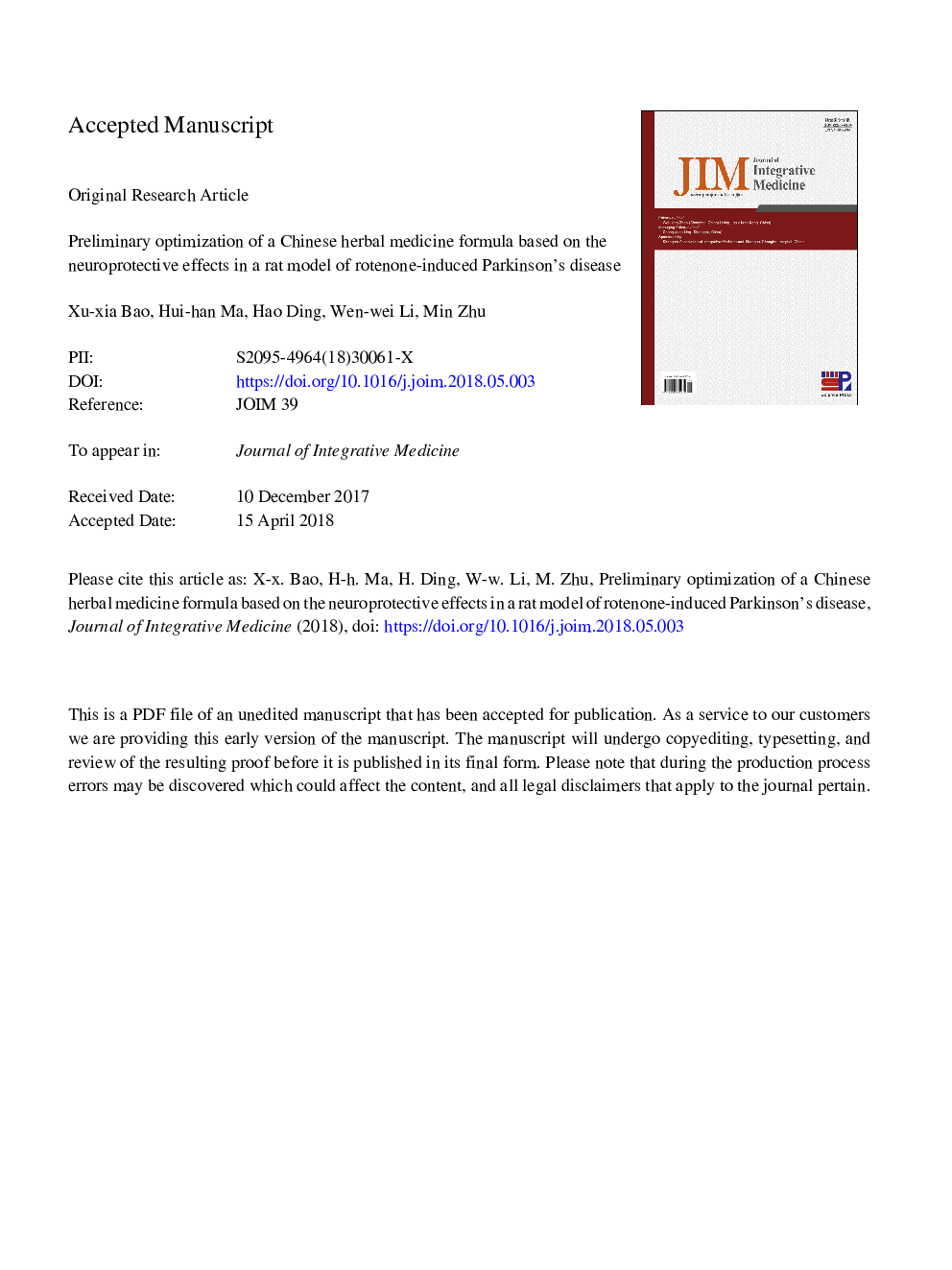 Preliminary optimization of a Chinese herbal medicine formula based on the neuroprotective effects in a rat model of rotenone-induced Parkinson's disease