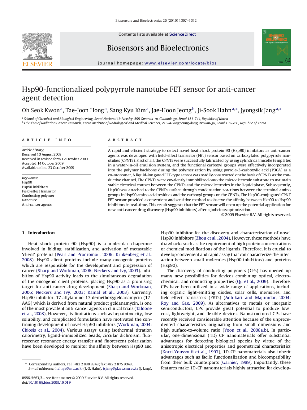 Hsp90-functionalized polypyrrole nanotube FET sensor for anti-cancer agent detection