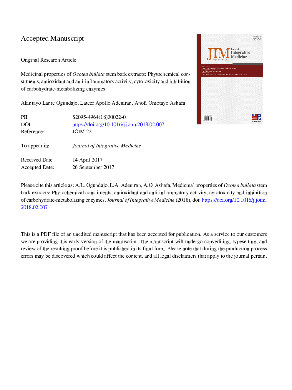 Medicinal properties of Ocotea bullata stem bark extracts: phytochemical constituents, antioxidant and anti-inflammatory activity, cytotoxicity and inhibition of carbohydrate-metabolizing enzymes