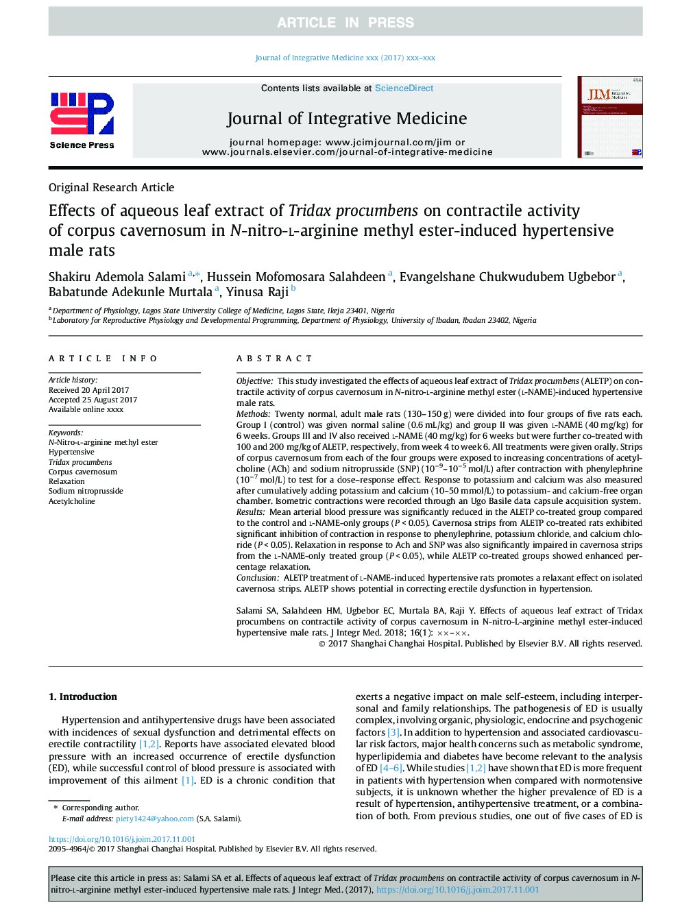 Effects of aqueous leaf extract of Tridax procumbens on contractile activity of corpus cavernosum in N-nitro-l-arginine methyl ester-induced hypertensive male rats