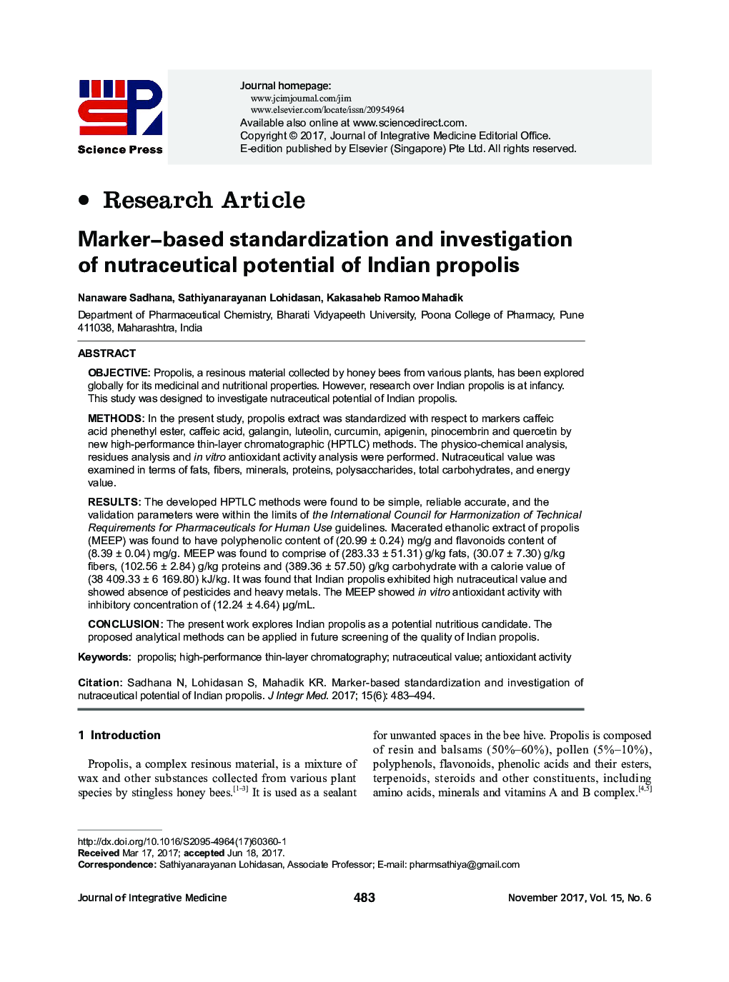 Marker-based standardization and investigation of nutraceutical potential of Indian propolis