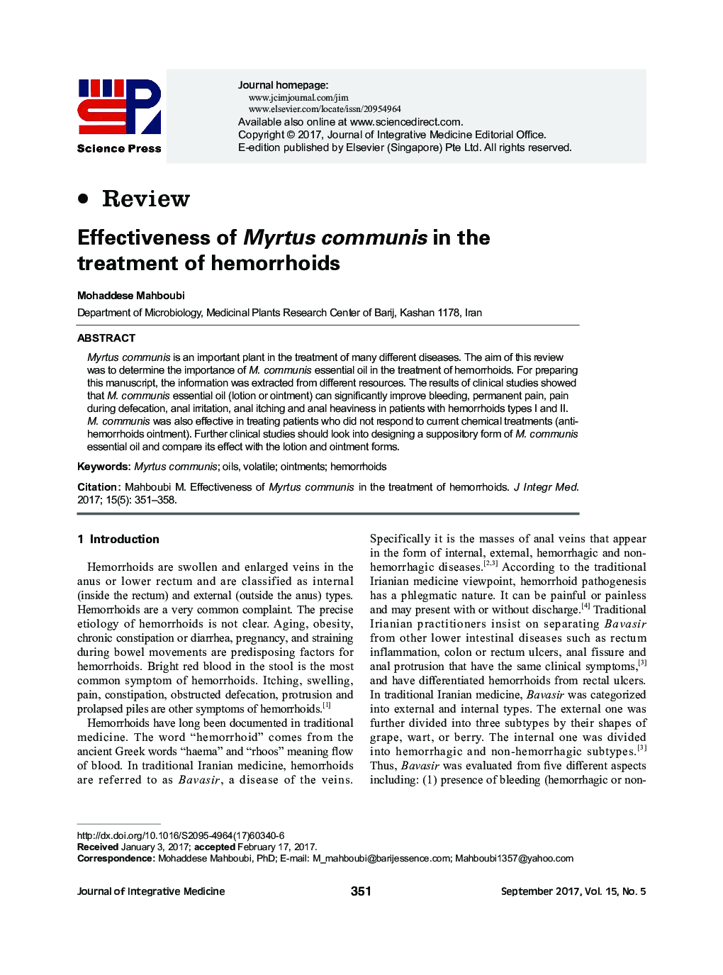 Effectiveness of Myrtus communis in the treatment of hemorrhoids