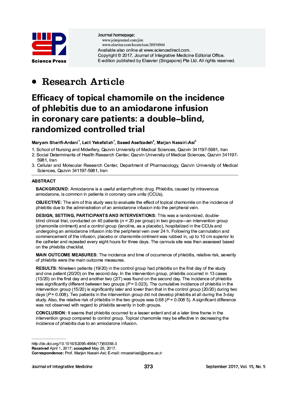 Efficacy of topical chamomile on the incidence of phlebitis due to an amiodarone infusion in coronary care patients: a double-blind, randomized controlled trial