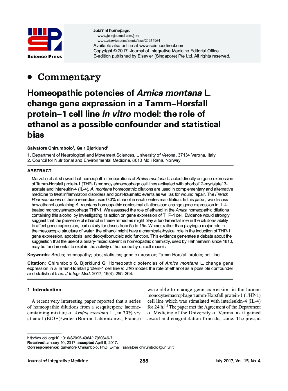 Homeopathic potencies of Arnica montana L. change gene expression in a Tamm-Horsfall protein-1 cell line in vitro model: the role of ethanol as a possible confounder and statistical bias