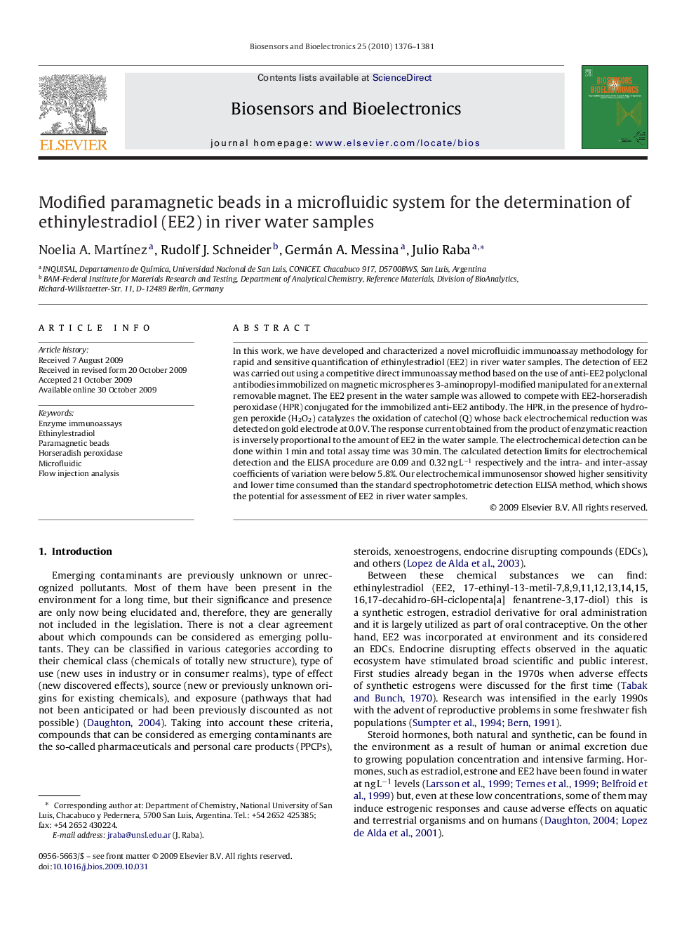 Modified paramagnetic beads in a microfluidic system for the determination of ethinylestradiol (EE2) in river water samples