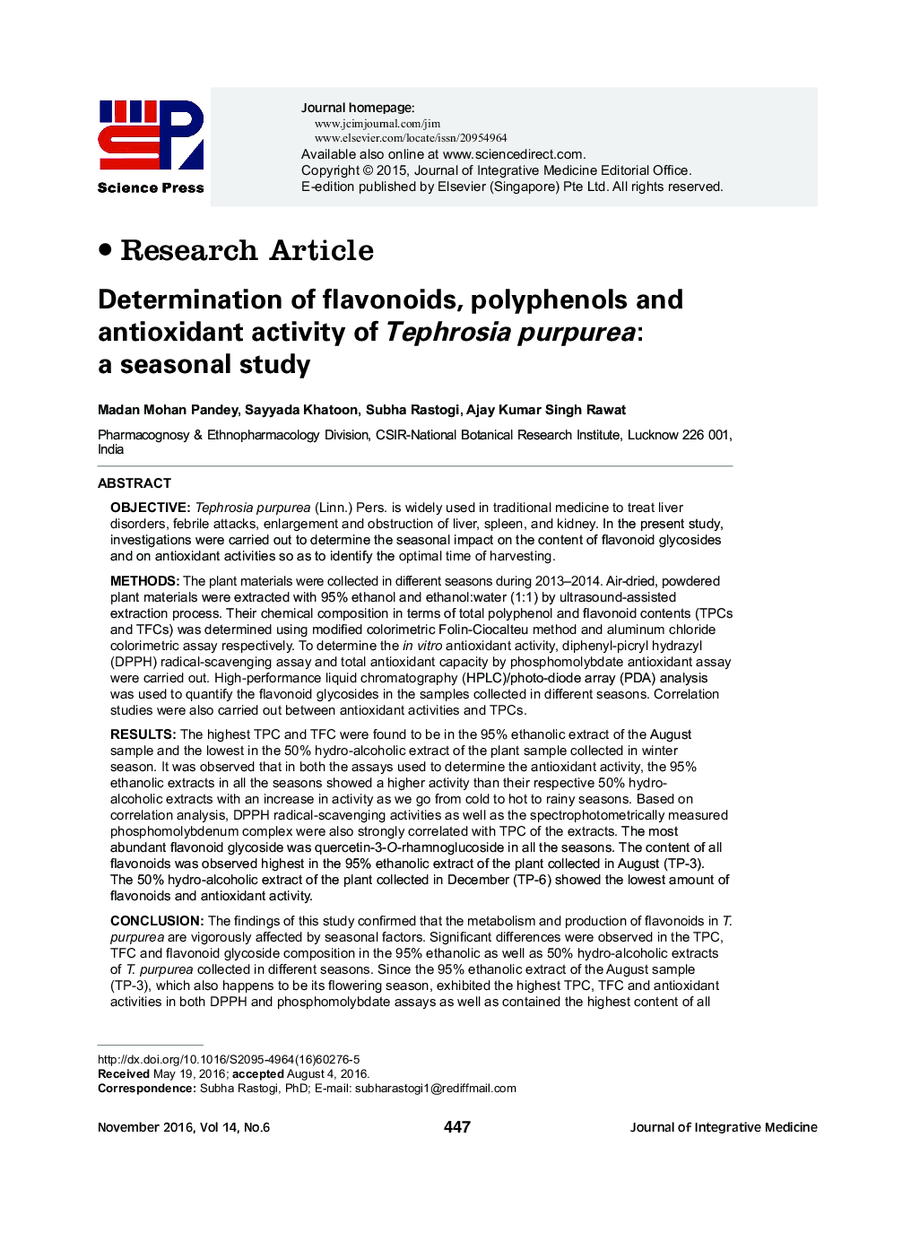 Determination of flavonoids, polyphenols and antioxidant activity of Tephrosia purpurea: a seasonal study