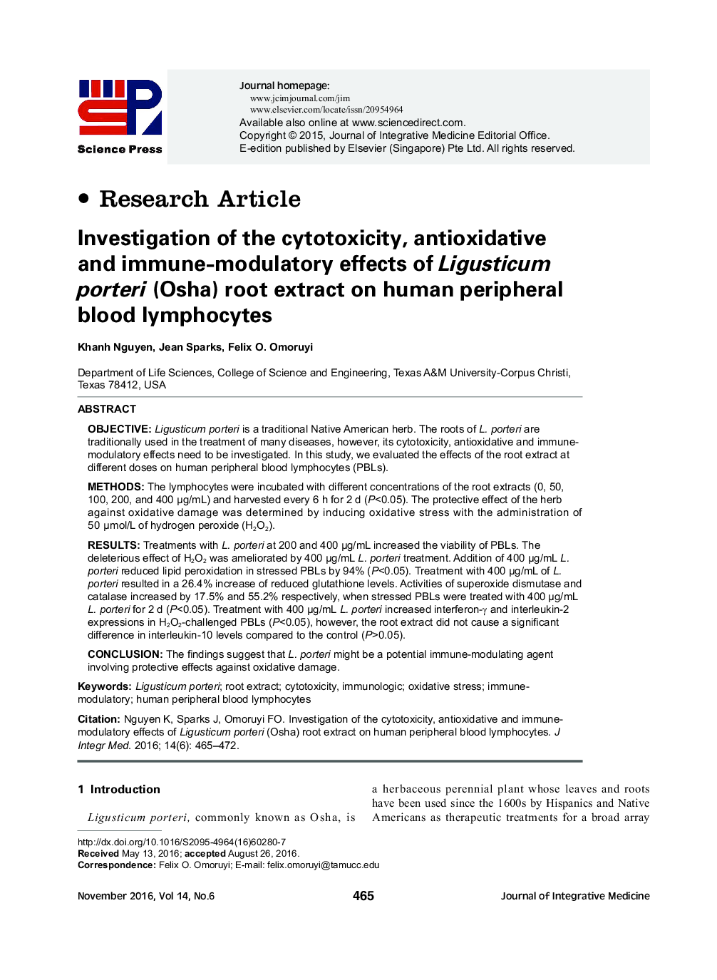 عکس صفحه اول مقاله: Investigation of the cytotoxicity, antioxidative and immune-modulatory effects of Ligusticum porteri (Osha) root extract on human peripheral blood lymphocytes Investigation of the cytotoxicity, antioxidative and immune-modulatory effects of Ligusticum porteri (Osha) root extract on human peripheral blood lymphocytes