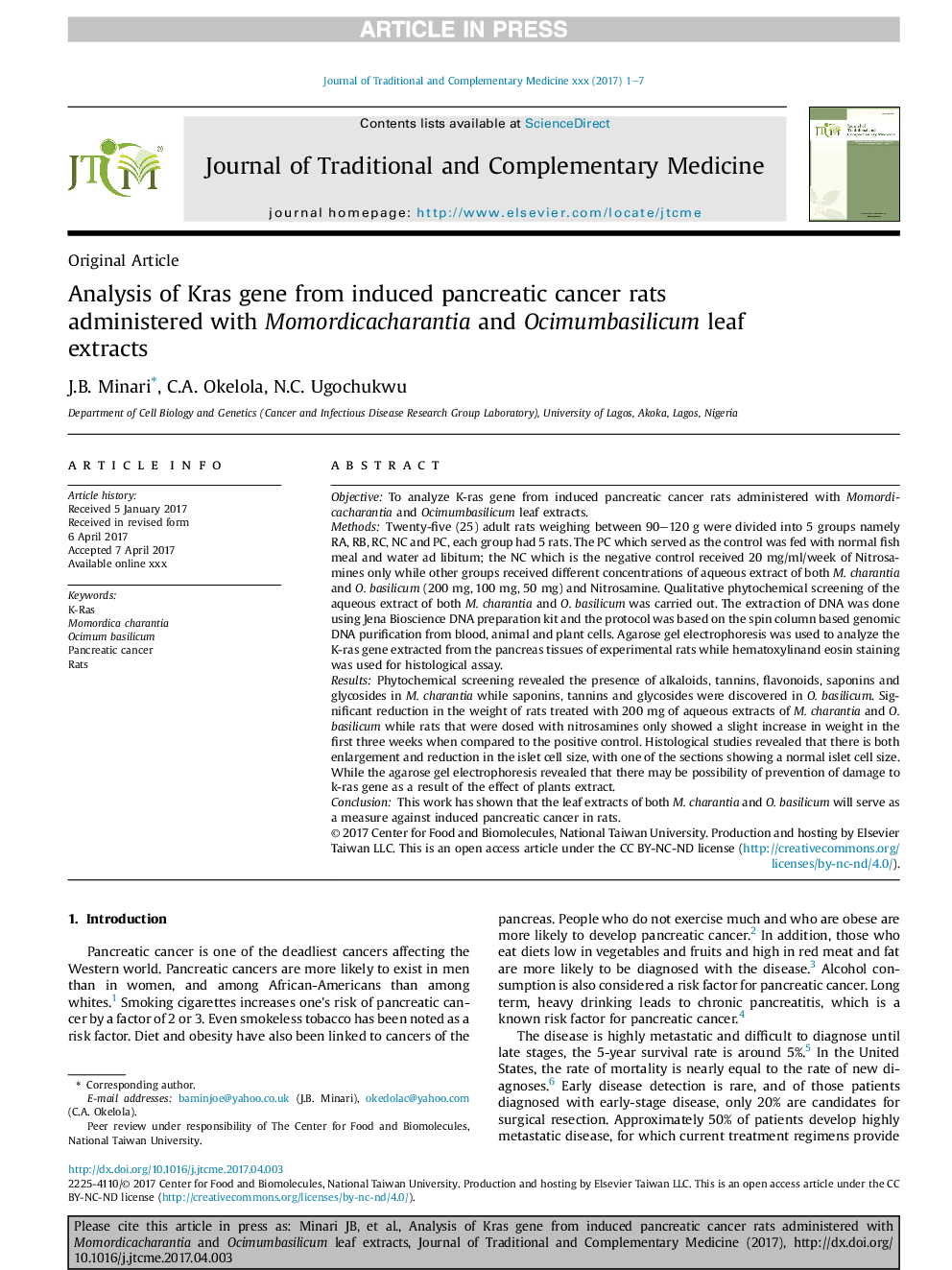 Analysis of Kras gene from induced pancreatic cancer rats administered with Momordicacharantia and Ocimumbasilicum leaf extracts