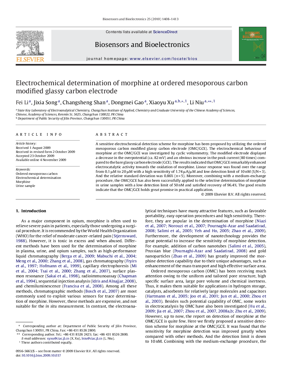 Electrochemical determination of morphine at ordered mesoporous carbon modified glassy carbon electrode